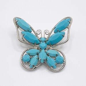 Juliana D&E Verified Butterfly Brooch Pin Turquoise Rhinestone Silver Tone #4313